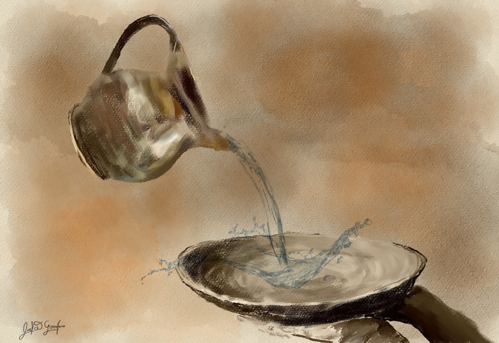 A pitcher pouring water into a beggar’s bowl until it splashes over: generosity that gives past the point of enough