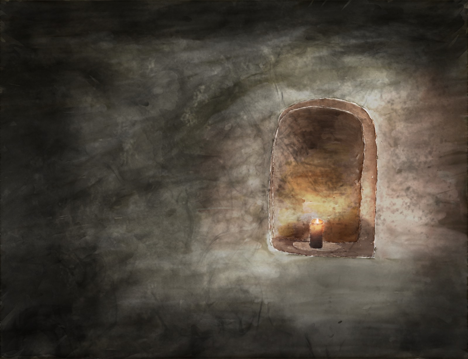 A single candle lit inside a stone alcove, holding steady light in a dark room: attention kept in a quiet place