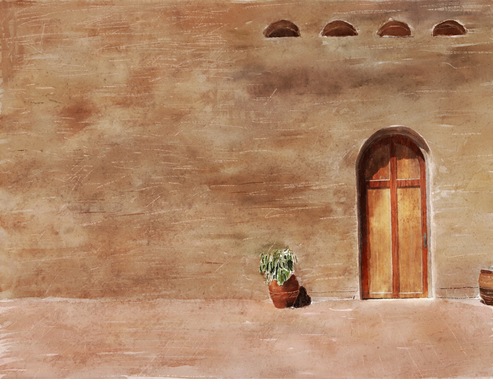 An arched wooden door in a sunlit adobe wall, a threshold that asks to be approached before it opens