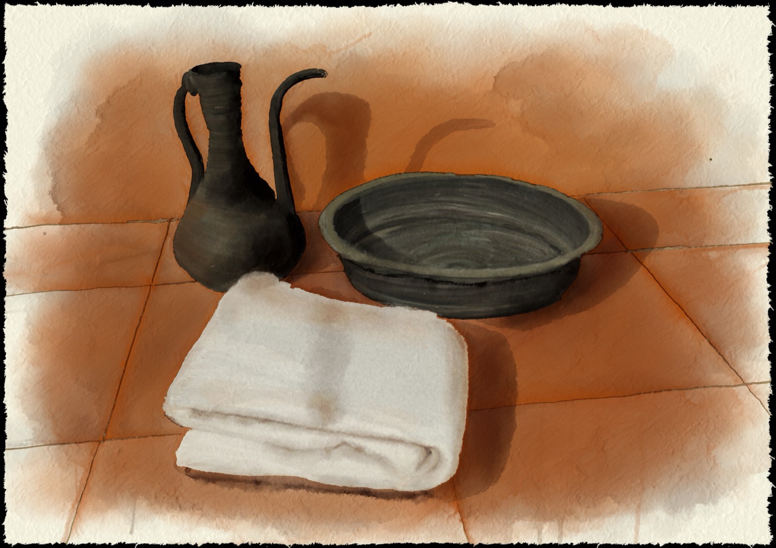 A pitcher, a basin, and a folded towel waiting on a tiled floor: the quiet posture of one who serves before speaking
