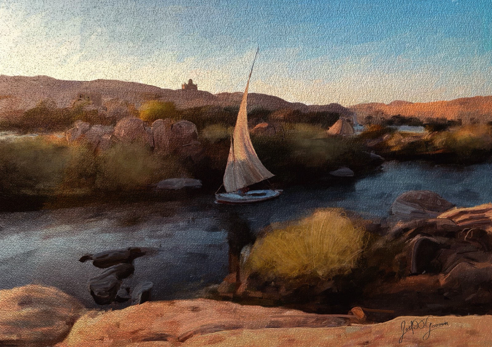 A felucca under sail on the Nile at Aswan at golden hour, set-apart time moving at the pace of wind