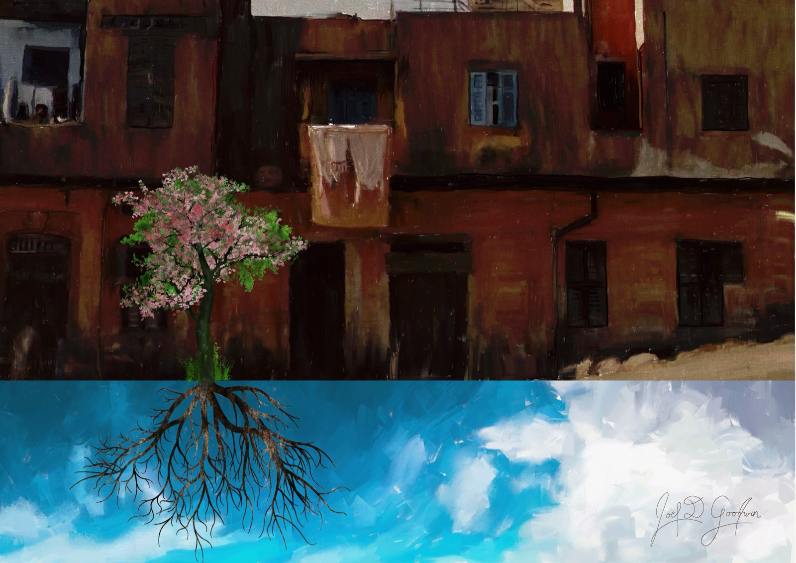 A blossoming tree in a worn city street, its roots reaching down into open sky. What grounds us is not always what’s visible